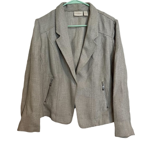 Chicos Tan Zipper Pocket Blazer size 1 Workwear Chic - Picture 1 of 10